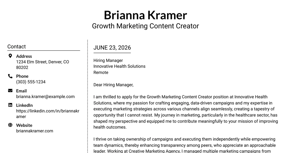 30+ Growth Marketing Content Creator Cover Letter Templates with Example 2026