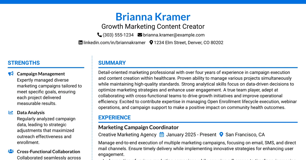 33 Growth Marketing Content Creator Resume Templates with Example 2026 (ATS-Optimized)