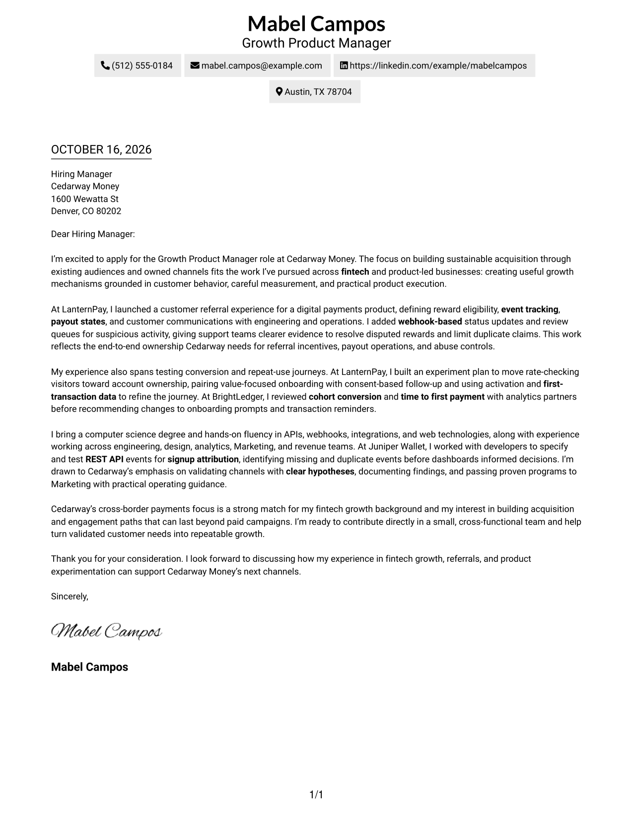 Cover letter example — page 1