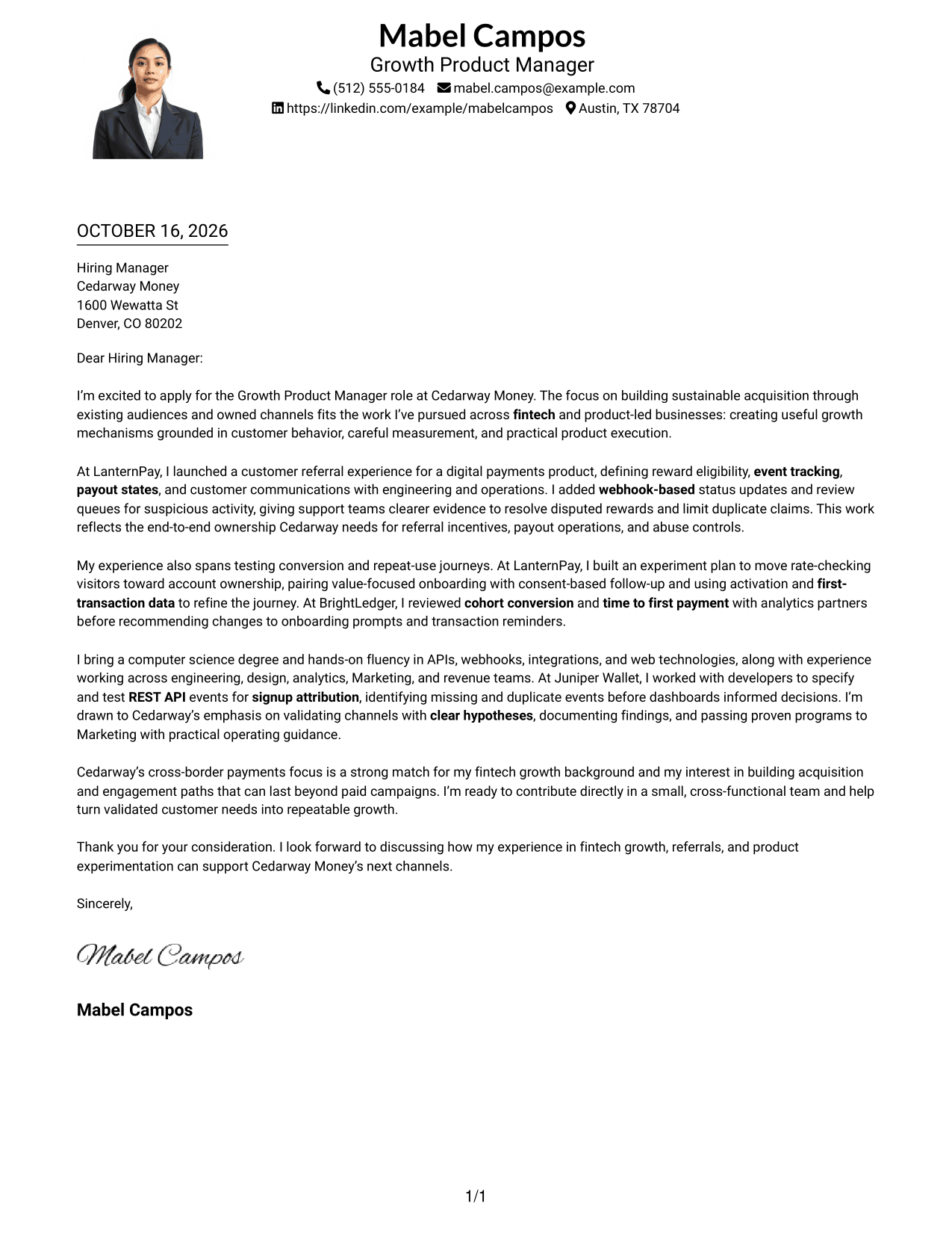 Cover letter example — page 1