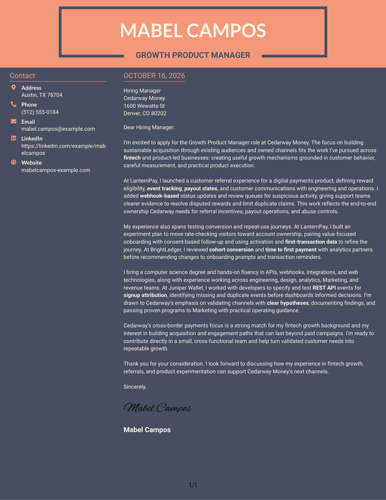 Cover letter example — page 1