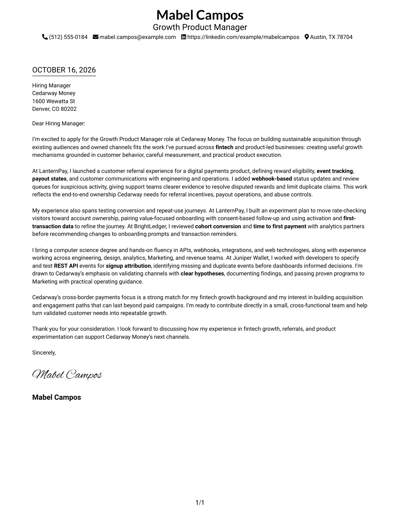 Cover letter example — page 1