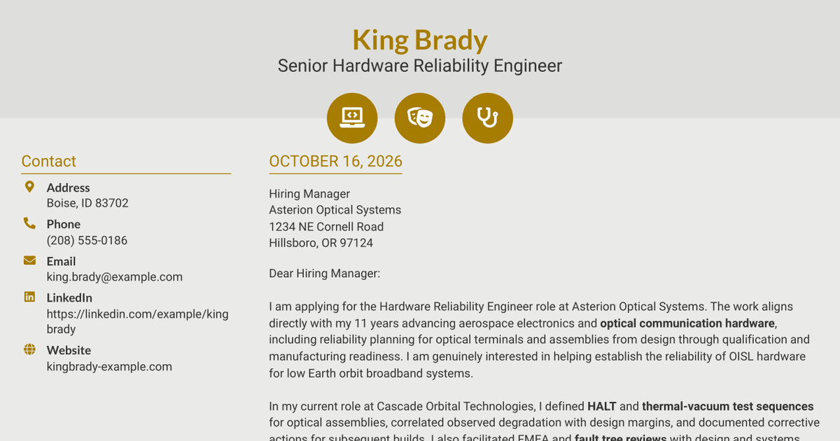 7 Hardware Reliability Engineer - Optical Inter-Satellite Link (OISL) Cover Letter Templates with Example