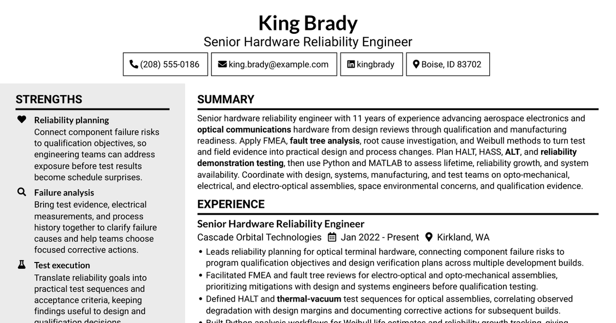 7 Hardware Reliability Engineer - Optical Inter-Satellite Link (OISL) Resume Templates with Example