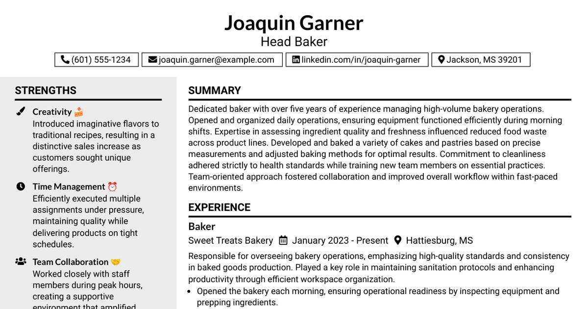 33 Head Baker Resume Templates with Example 2026 (ATS-Optimized)