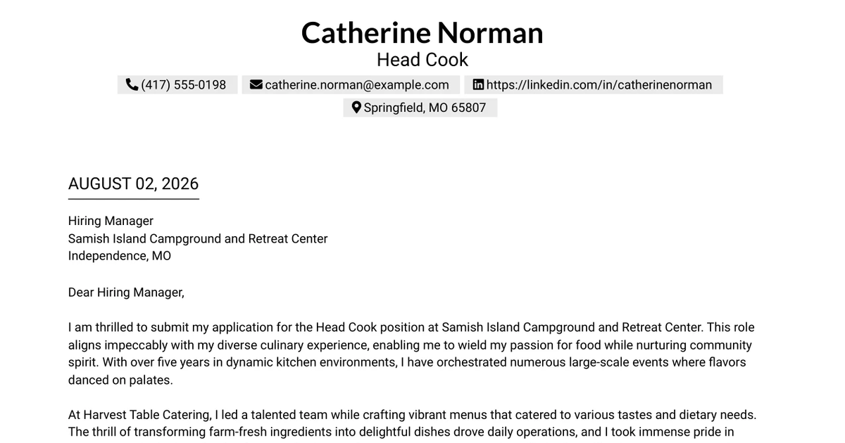 30+ Head Cook Cover Letter Templates with Example 2026