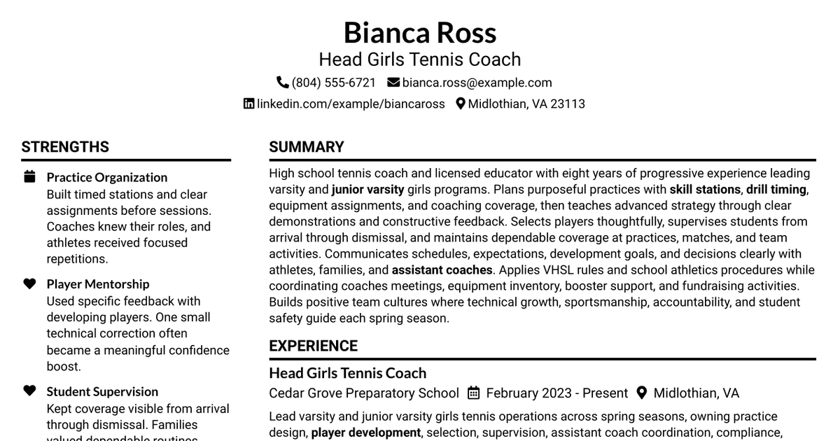 7 Head Girls Tennis Coach Resume Templates with Example