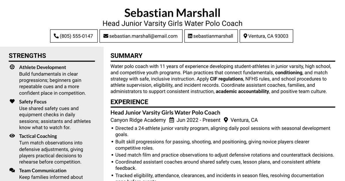 7 Head Junior Varsity Girls Water Polo Coach Resume Templates with Example