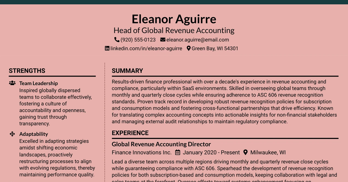 33 Head of Global Revenue Accounting Resume Templates with Example 2026 (ATS-Optimized)