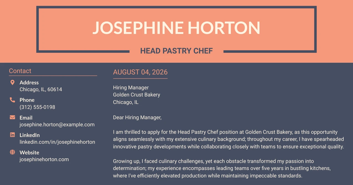 30+ Head Pastry Chef Cover Letter Templates with Example 2026