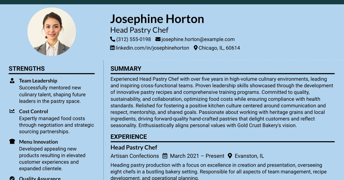 33 Head Pastry Chef Resume Templates with Example 2026 (ATS-Optimized)