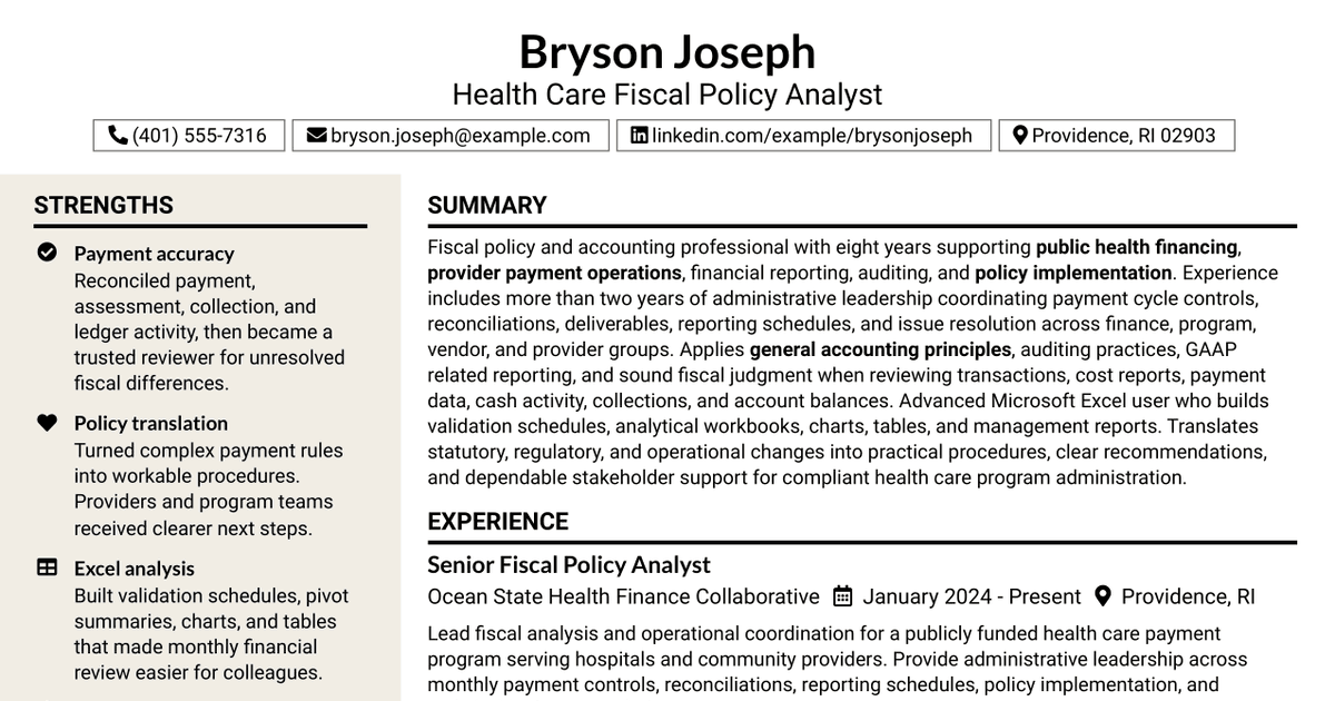 7 Health Care Fiscal Policy Analyst Resume Templates with Example