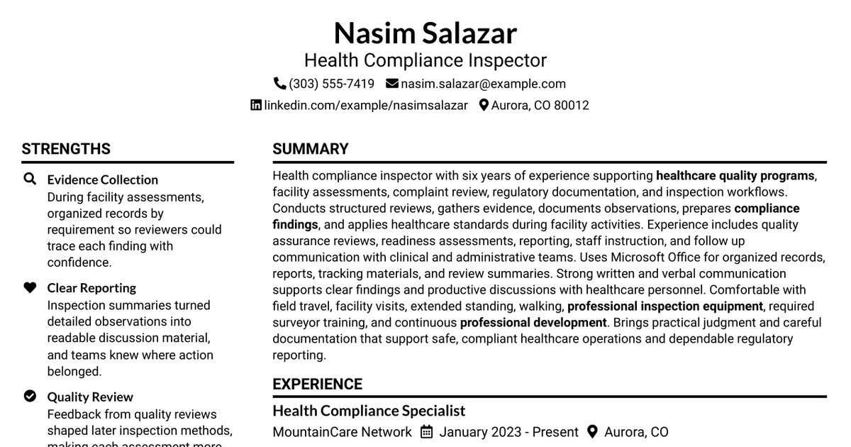 7 Health Compliance Inspector Resume Templates with Example
