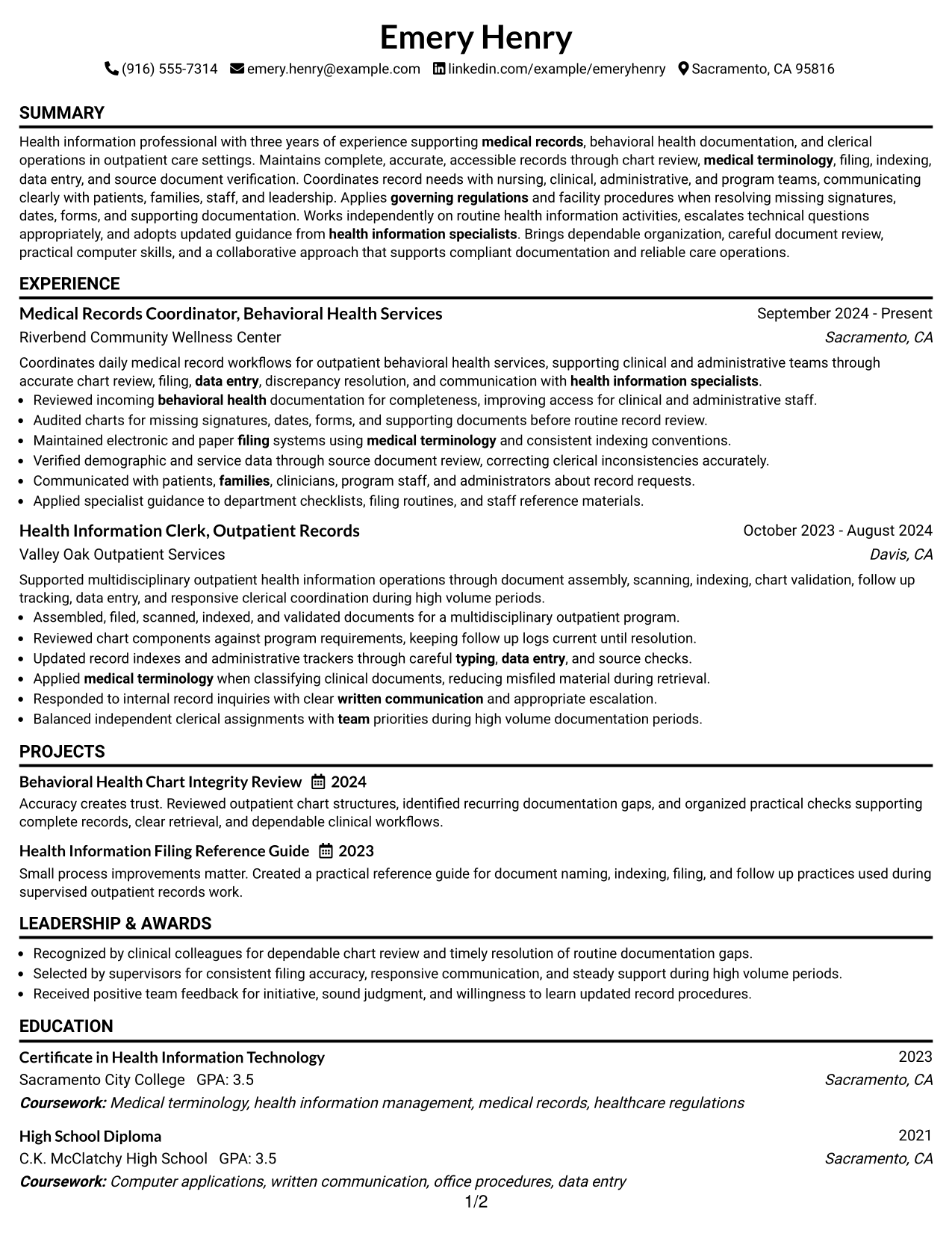 Resume Example Page 1