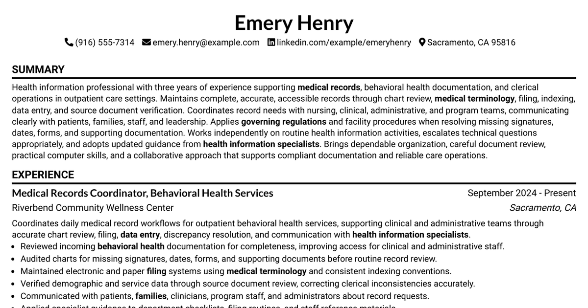 7 Health Information Coordinator (Medical Records) Resume Templates with Example