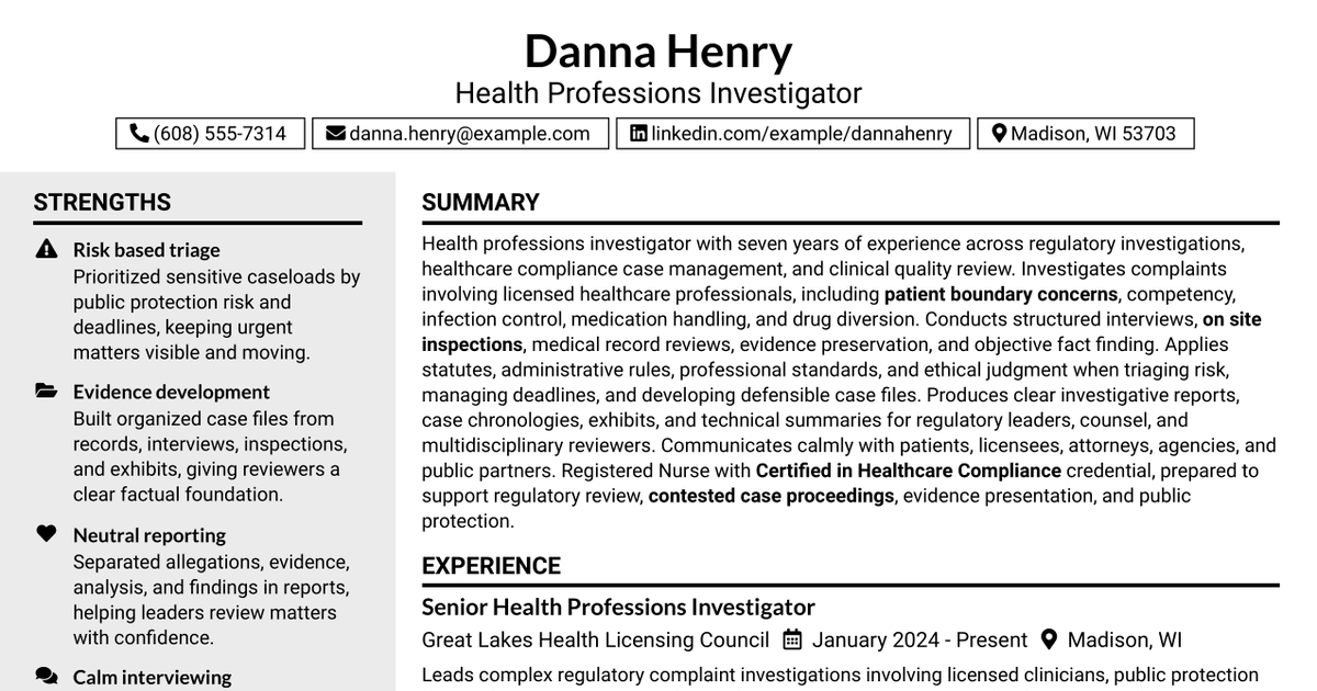 7 Health Professions Investigator - Unit 2 Resume Templates with Example