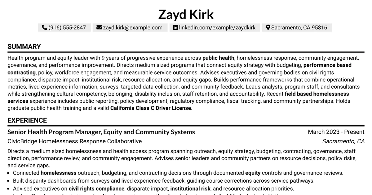 33 Health Program Manager II - Equity & Cultural Care Officer - Emergency Appointment (Homelessness) Resume Templates with Example
