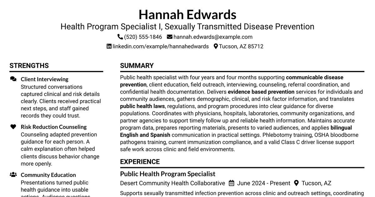 7 Health Program Specialist I - Sexually Transmitted Disease Prevention Resume Templates with Example