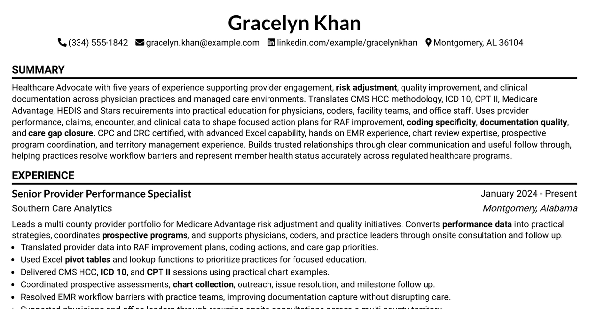 7 Healthcare Advocate - Risk Adjustment and Quality Resume Templates with Example