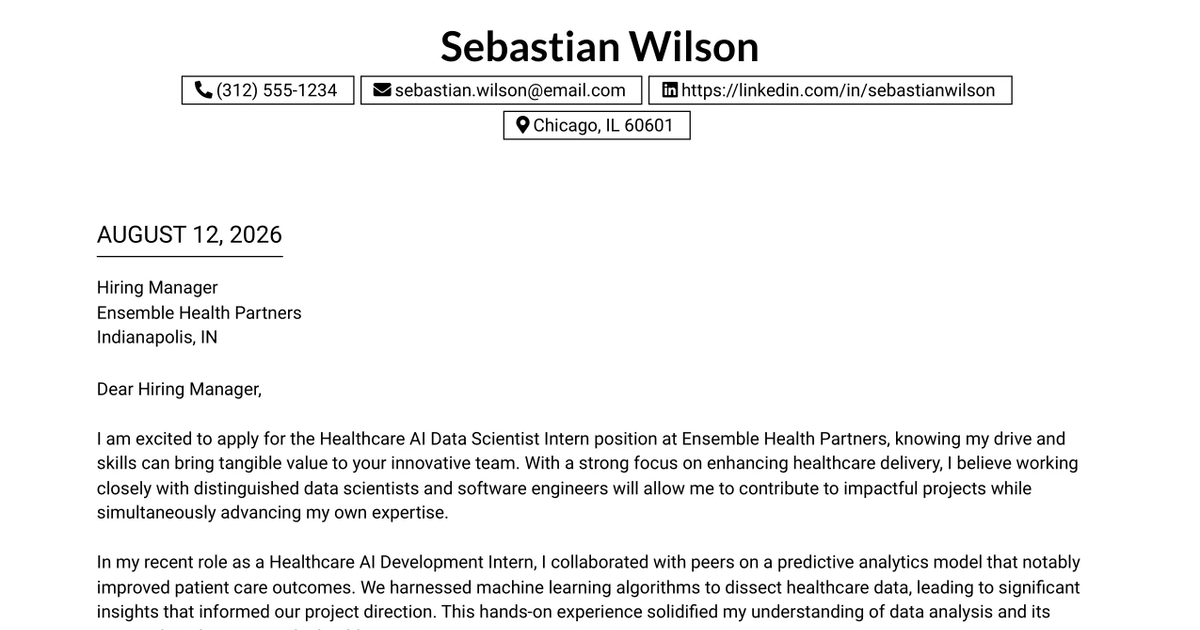 30+ Healthcare AI Data Scientist Intern Cover Letter Templates with Example 2026