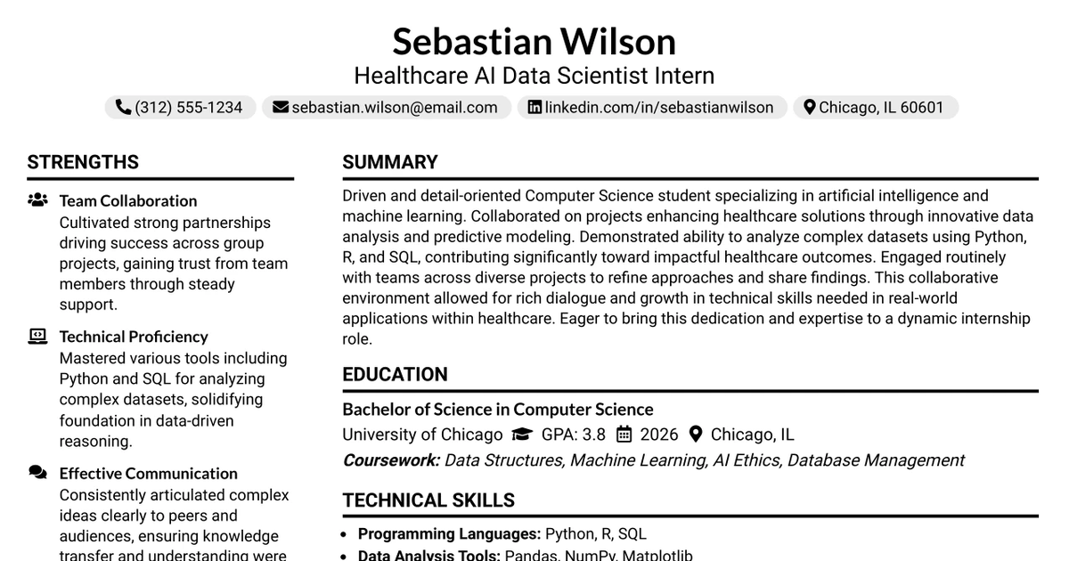 33 Healthcare AI Data Scientist Intern Resume Templates with Example 2026 (ATS-Optimized)
