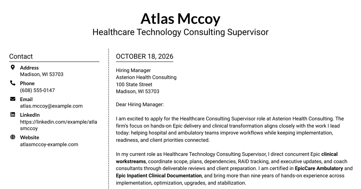 7 Healthcare Consulting Supervisor - Epic Clinical Delivery Cover Letter Templates with Example