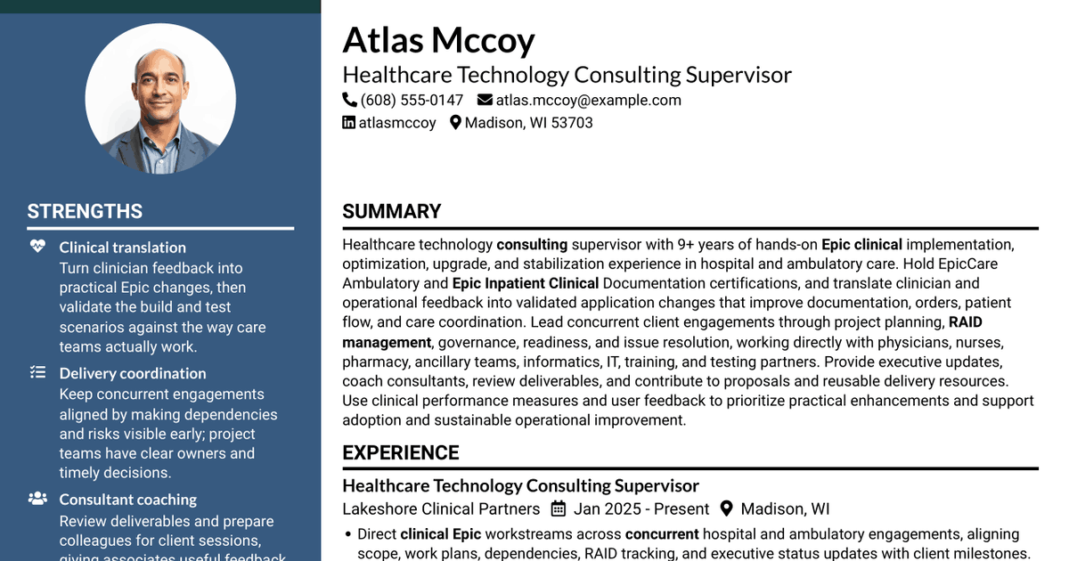7 Healthcare Consulting Supervisor - Epic Clinical Delivery Resume Templates with Example