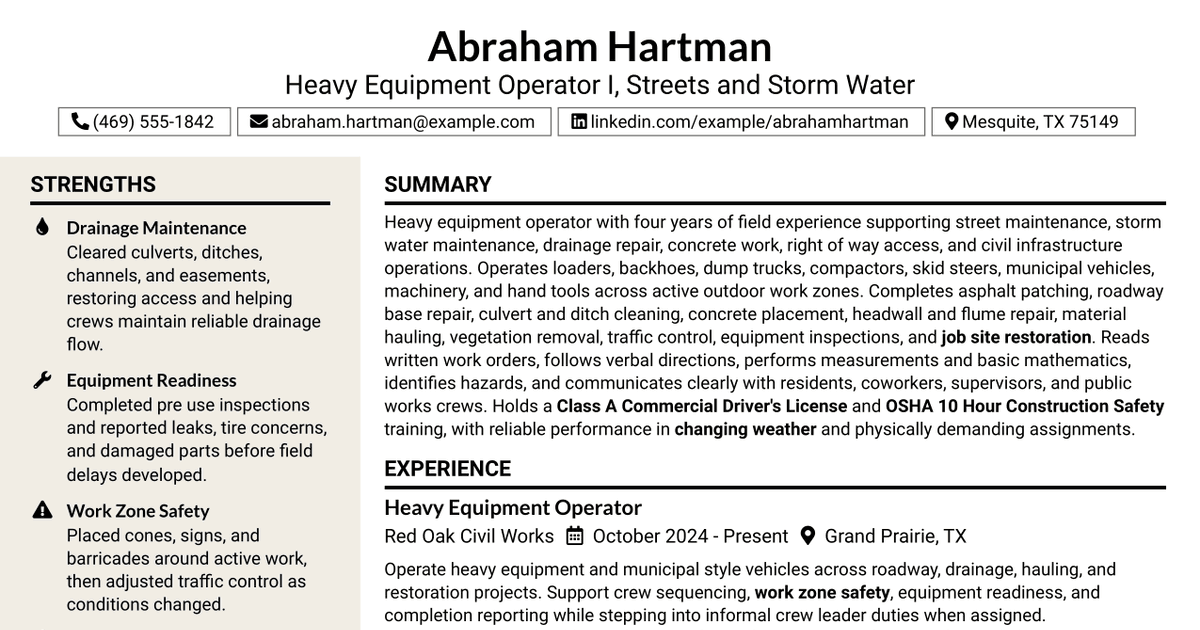 7 Heavy Equipment Operator I - Streets / Storm Water Resume Templates with Example