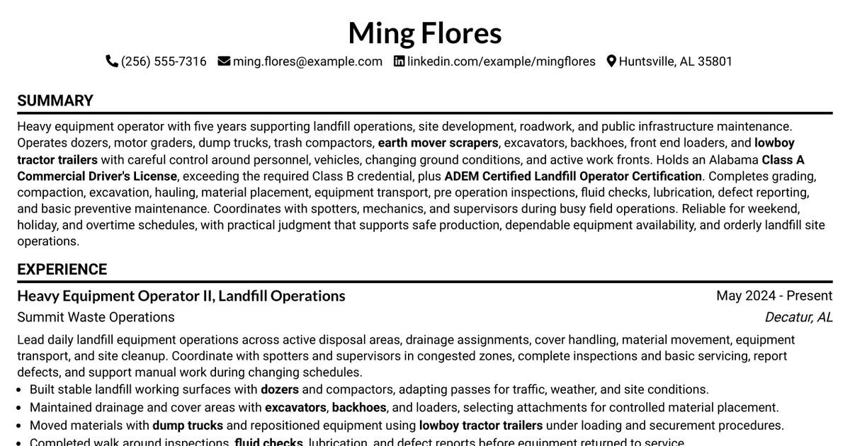 7 Heavy Equipment Operator II - Landfill Operations Resume Templates with Example
