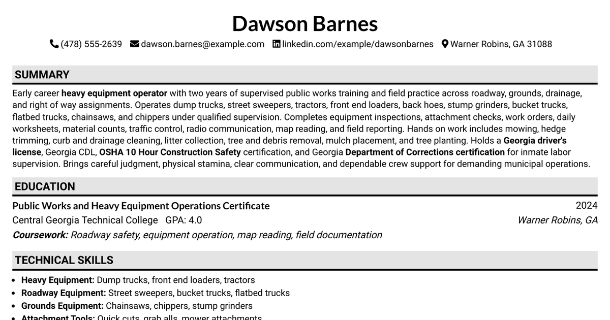 7 Heavy Equipment Operator - Public Works Resume Templates with Example