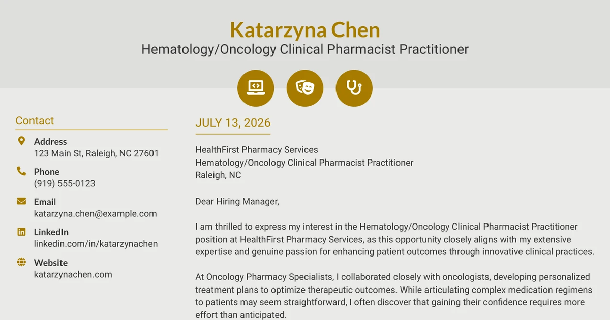 30+ Hematology/Oncology Clinical Pharmacist Practitioner Cover Letter Templates with Example 2026