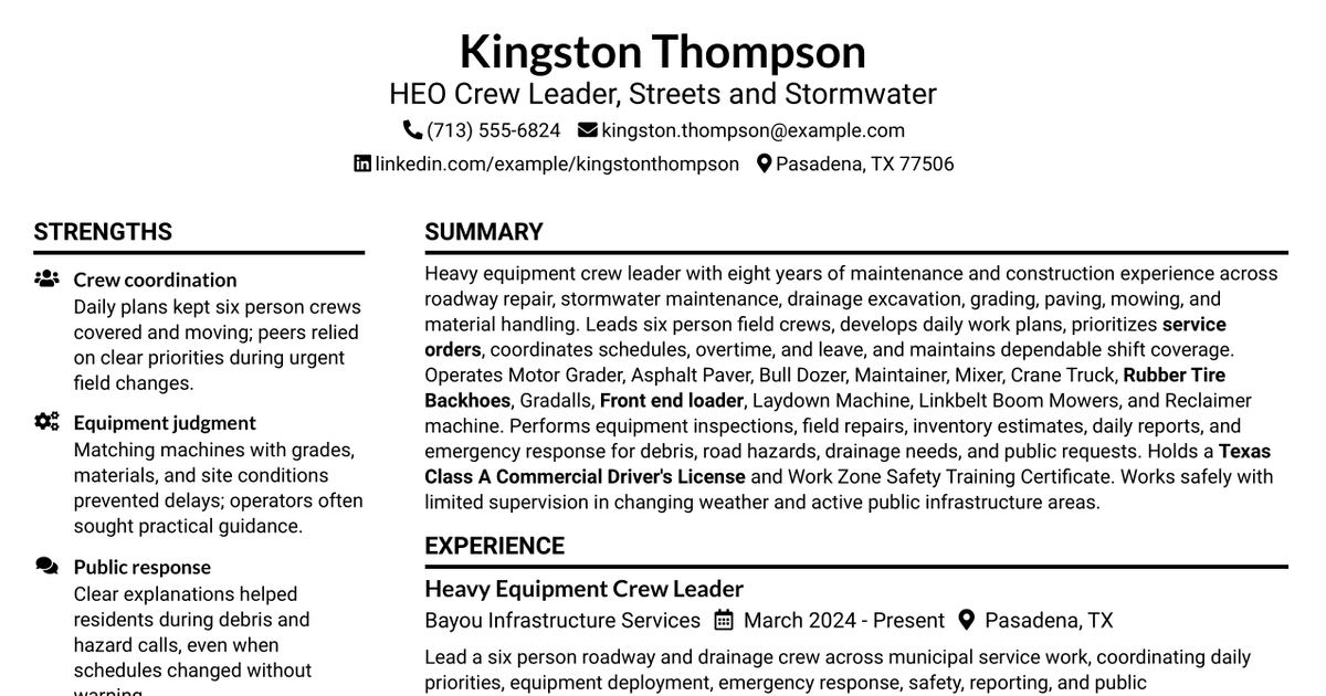 7 HEO Crew Leader - Streets and Stormwater Resume Templates with Example