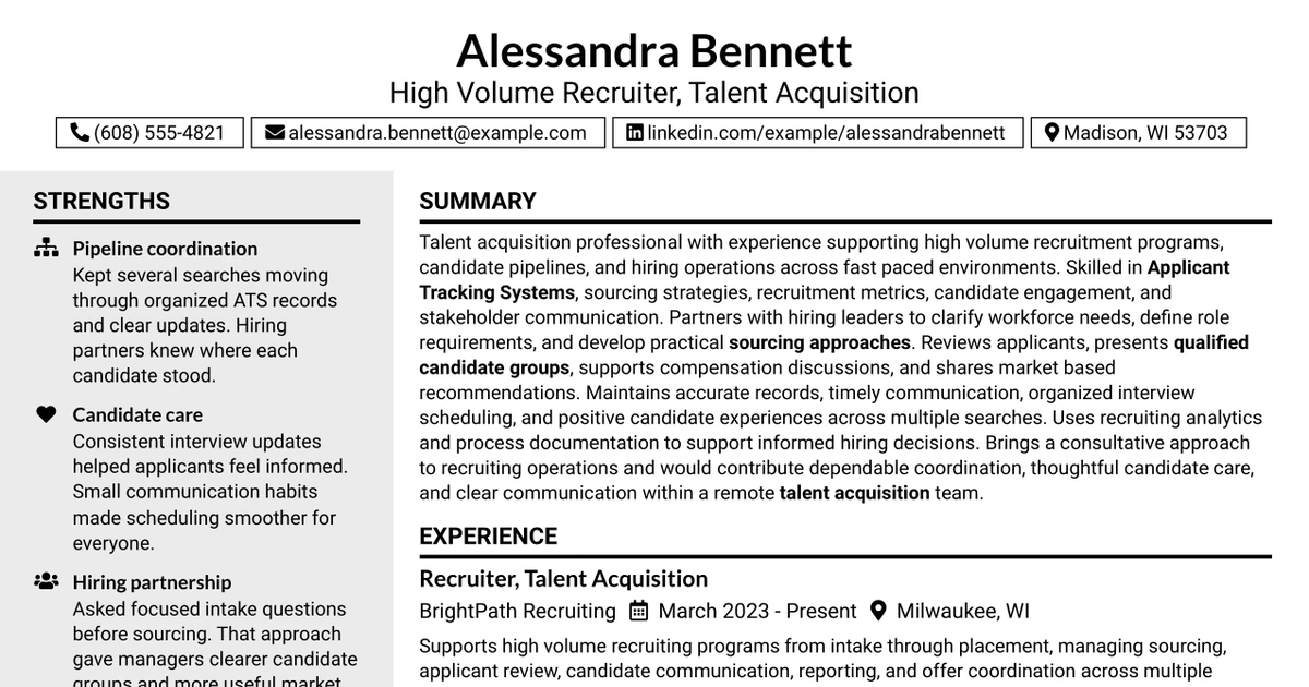 33 High Volume Recruiter - Talent Acquisition Resume Templates with Example