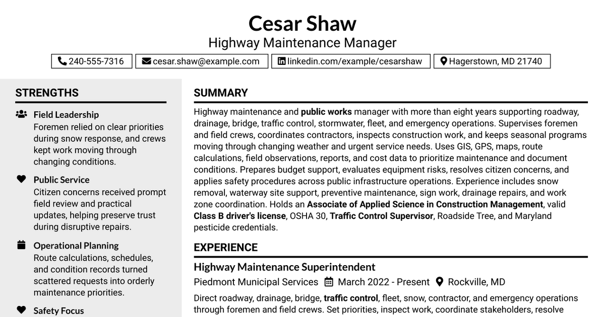 7 Highway Maintenance Manager Resume Templates with Example