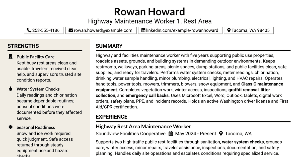 7 Highway Maintenance Worker 1 - Rest Area Resume Templates with Example