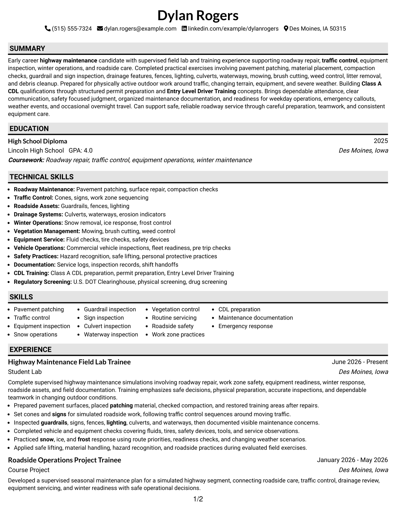 Resume Example Page 1
