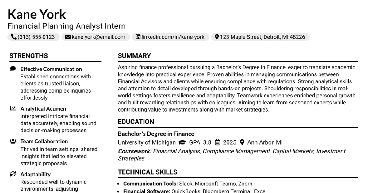 33 Holistic Financial Planning Analyst Intern Resume Templates with Example 2026 (ATS-Optimized)