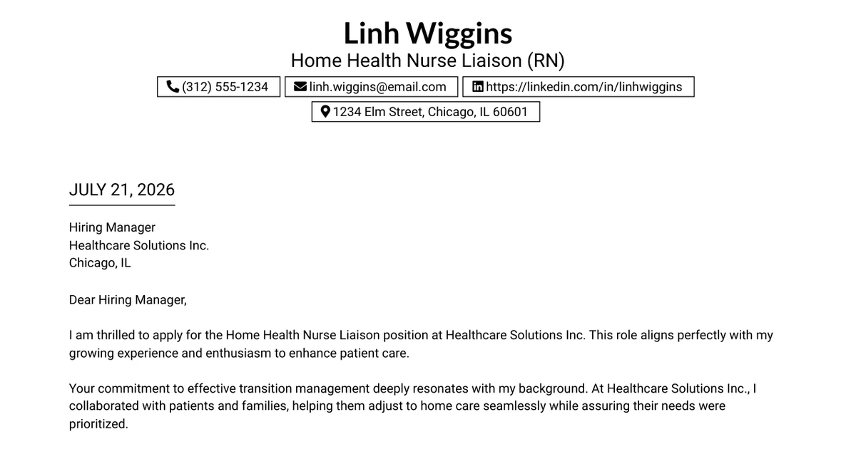 30+ Home Health Nurse Liaison (RN) Cover Letter Templates with Example 2026