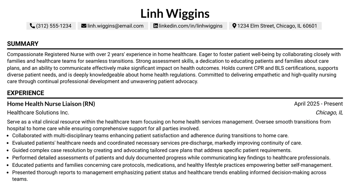 33 Home Health Nurse Liaison (RN) Resume Templates with Example 2026 (ATS-Optimized)