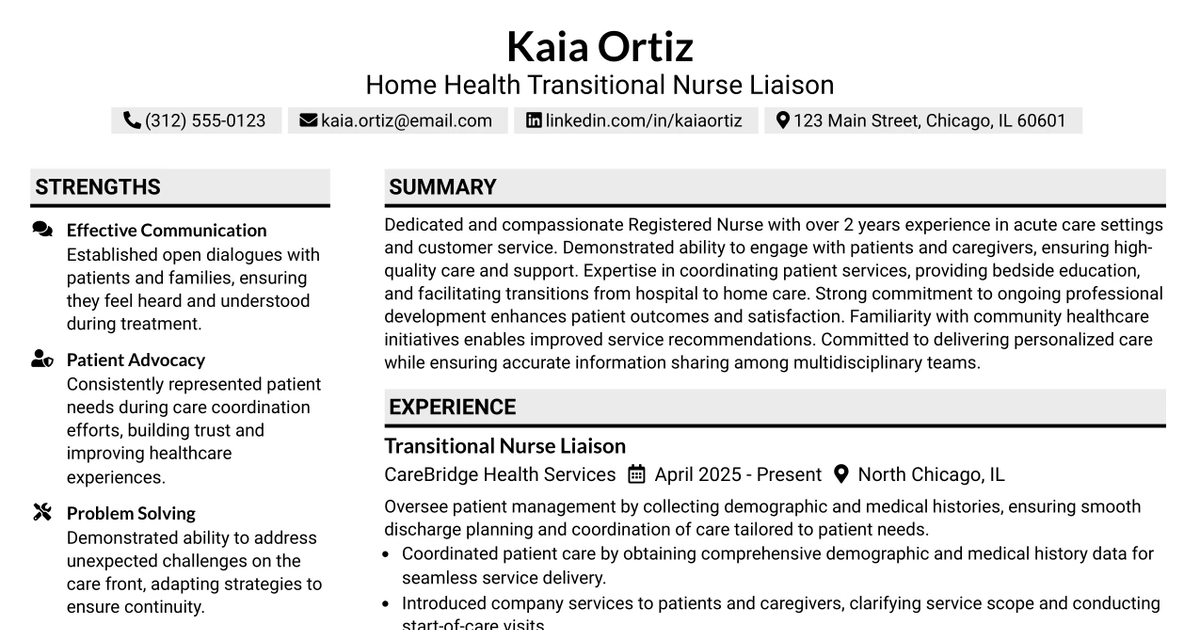 33 Home Health Transitional Nurse Liaison Resume Templates with Example 2026 (ATS-Optimized)