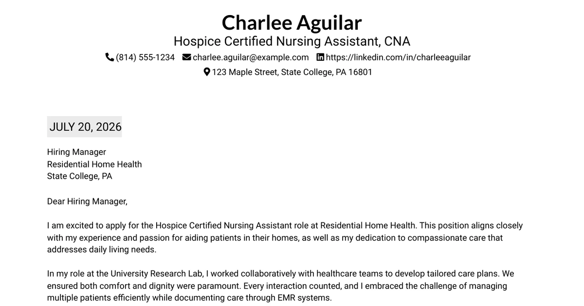 30+ Hospice Certified Nursing Assistant, CNA Cover Letter Templates with Example 2026