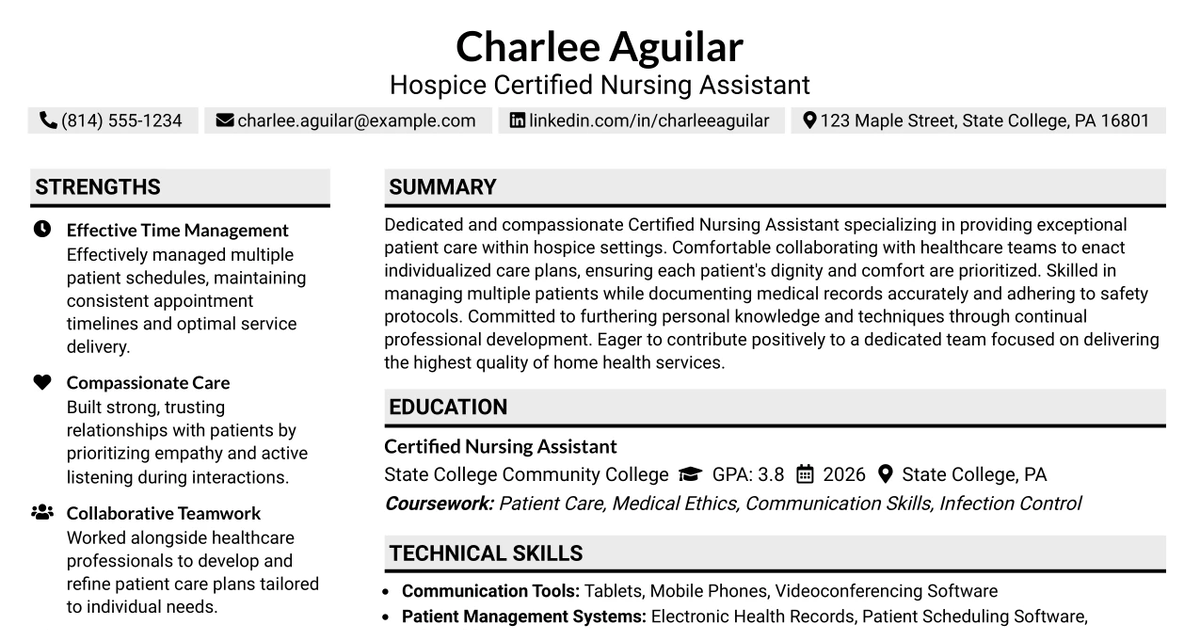 33 Hospice Certified Nursing Assistant, CNA Resume Templates with Example 2026 (ATS-Optimized)