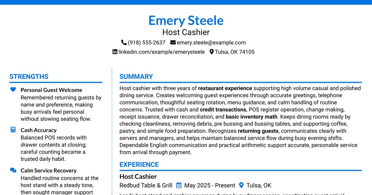 7 Host Cashier Resume Templates with Example