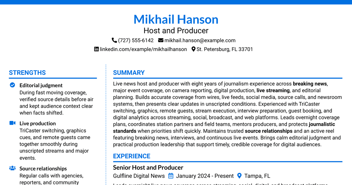 7 Host/Producer - Live Streaming News Resume Templates with Example