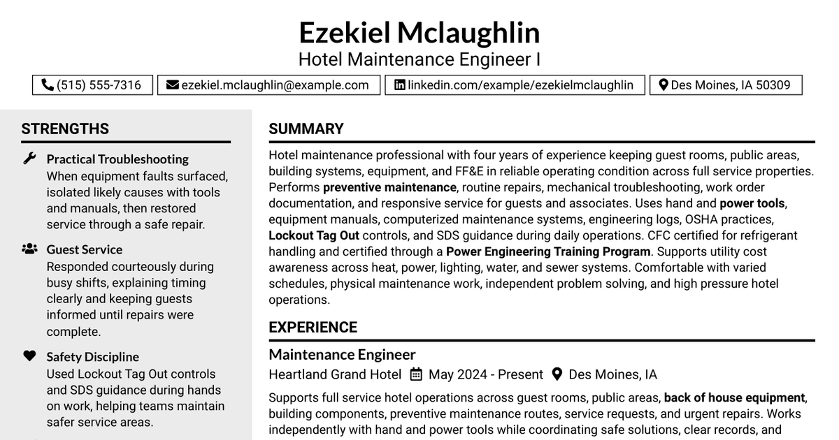 7 Hotel Maintenance Engineer I Resume Templates with Example