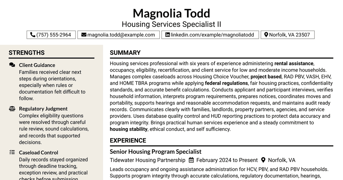 7 Housing Services Specialist II Resume Templates with Example