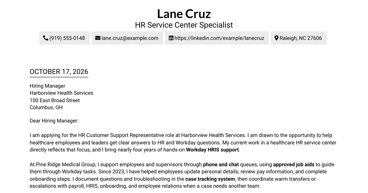 7 HR Customer Support Representative - Workday HRIS Cover Letter Templates with Example