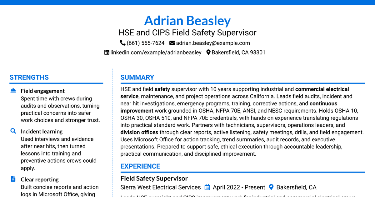 7 HSE/CIPS Field Safety Supervisor Resume Templates with Example