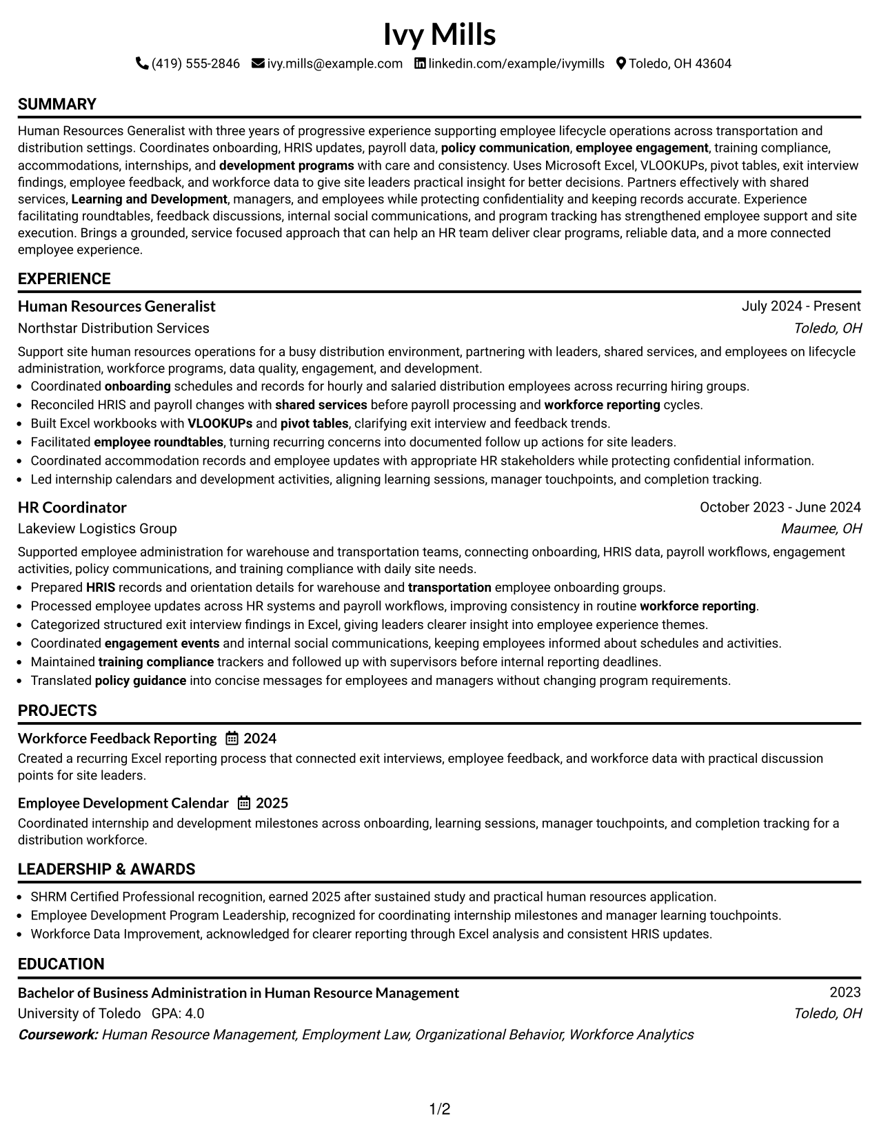 Resume Example Page 1