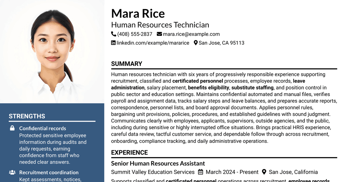 7 Human Resources Technician Resume Templates with Example
